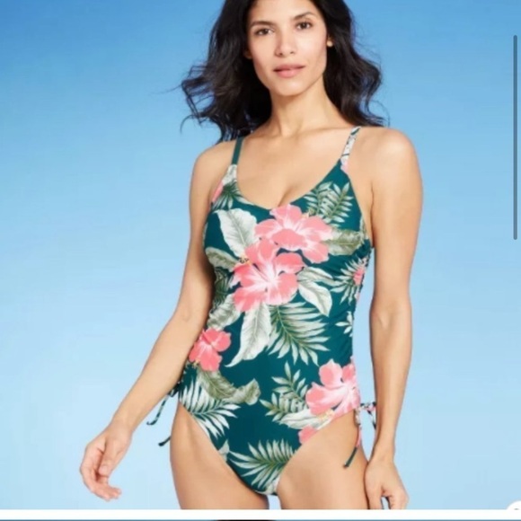 Kona Sol NWT Side-Tie One Piece Swimsuit - Teal Tropical Small womens - Picture 1 of 5